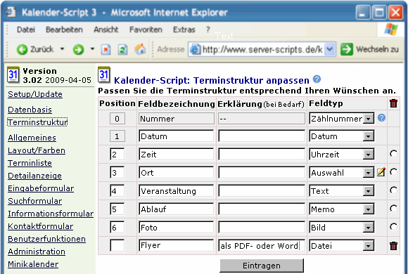 Kalenderstruktur definieren